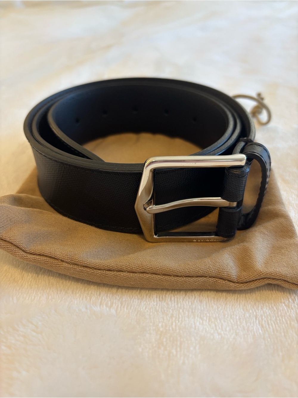 Burberry Black and Navy Leather Men's Belt with Silver Buckle